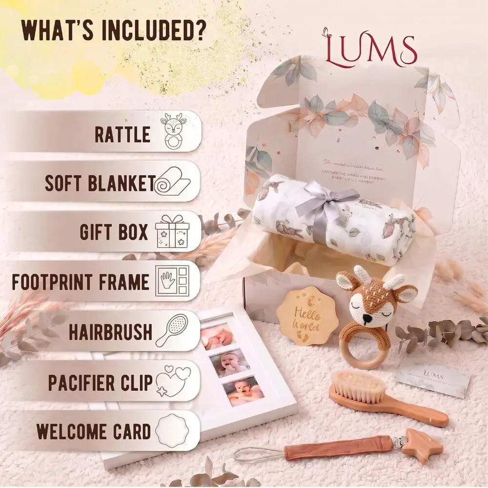 NEW Newborn Baby Gift Set 6 Pc Bamboo Blanket Footprint Frame Fawn Gift Box